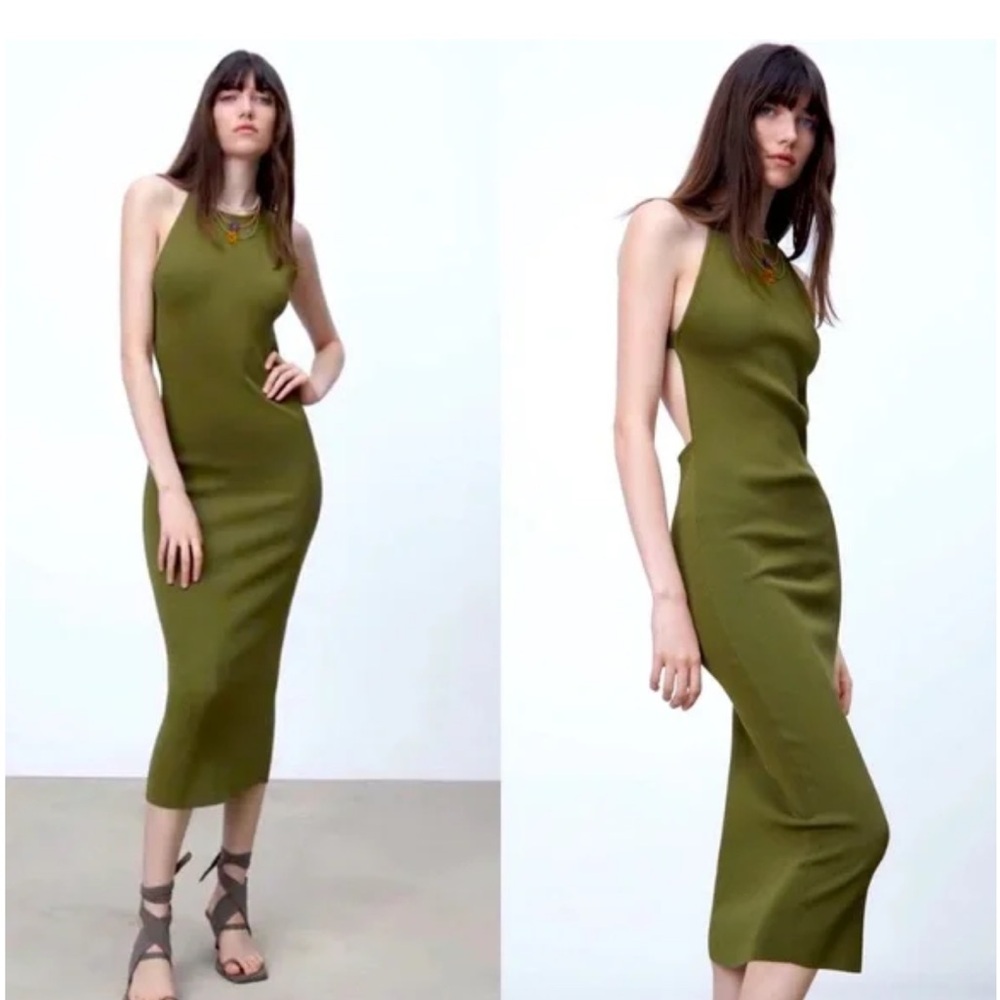 Zara Bodycon Olive Green Backless Midi Dress Elegant Beach Vacation Party